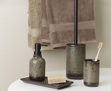Stoneware soap dispenser, toothbrush holder, toilet brush and tray