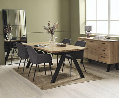 Solid wood and oak veneer black and oak dining table, Fabric and steel grey and black dining chair