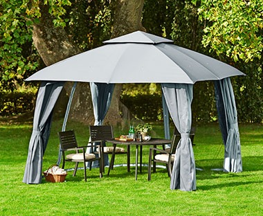 Grey gazebo with water resistant canopy, insect screen and removable side panels