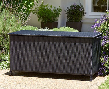 Steel and polyrattan outdoor storage box in black