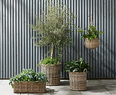 Natural garden planters in different sizes and a nature hanging plant pot