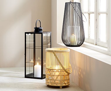 Lanterns available in various sizes, designs and colours including black and natural