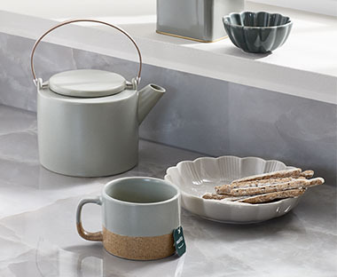Kitchen accessories including mug, bowl and teapot