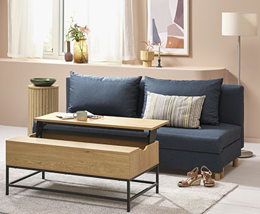 3-seater sofa bed in blue fabric with solid wood legs