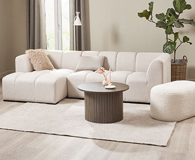3-seater sofa with chaise longue on left in beige fabric