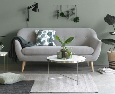 2.5 seater light grey fabric sofa with wooden legs