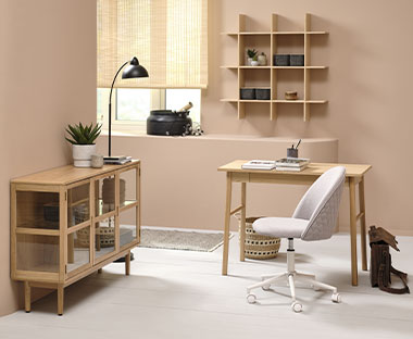 Nordic inspired office with bamboo furniture including desk, display cabinet and shelf