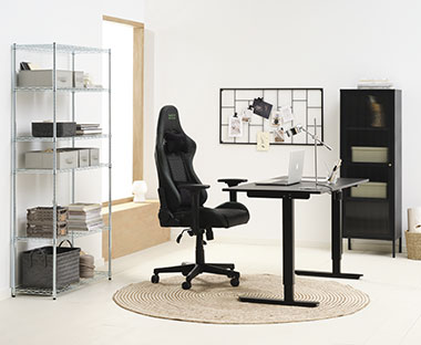 Working studio office with gaming chair and industrial storage decor