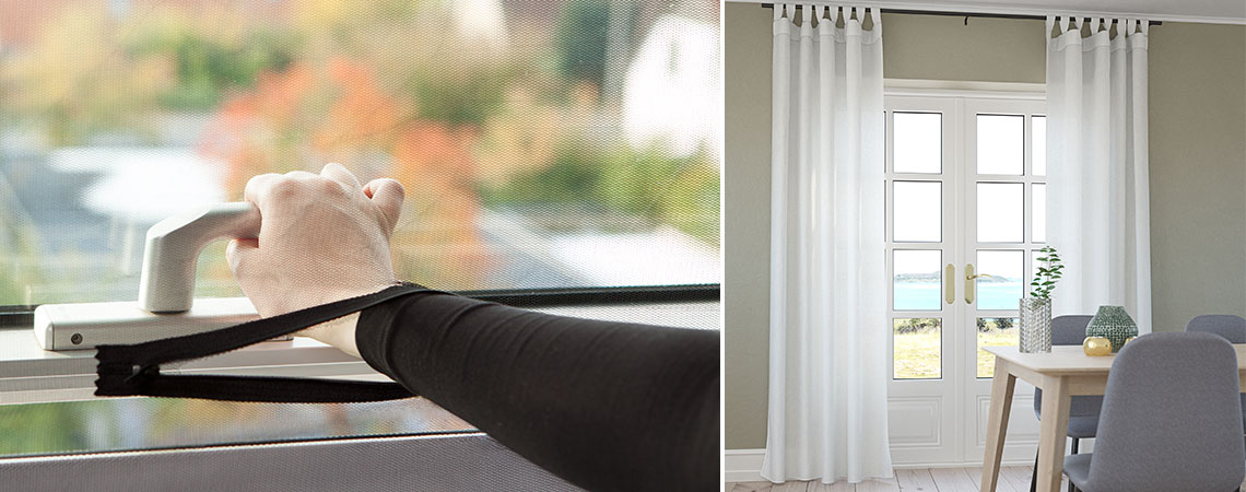 Insect screen that lets you open/close a window and lightweight curtains in front of a window