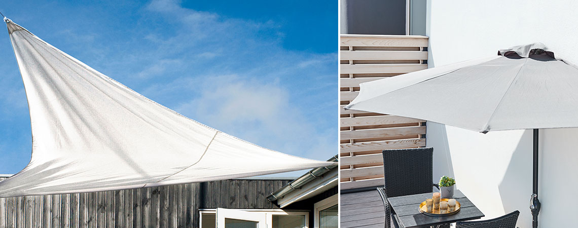 Two different ways of getting a covered patio or balcony – with a sun shelter or a parasol