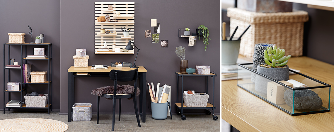 Office with a wooden wall shelf for smart storage and décor 