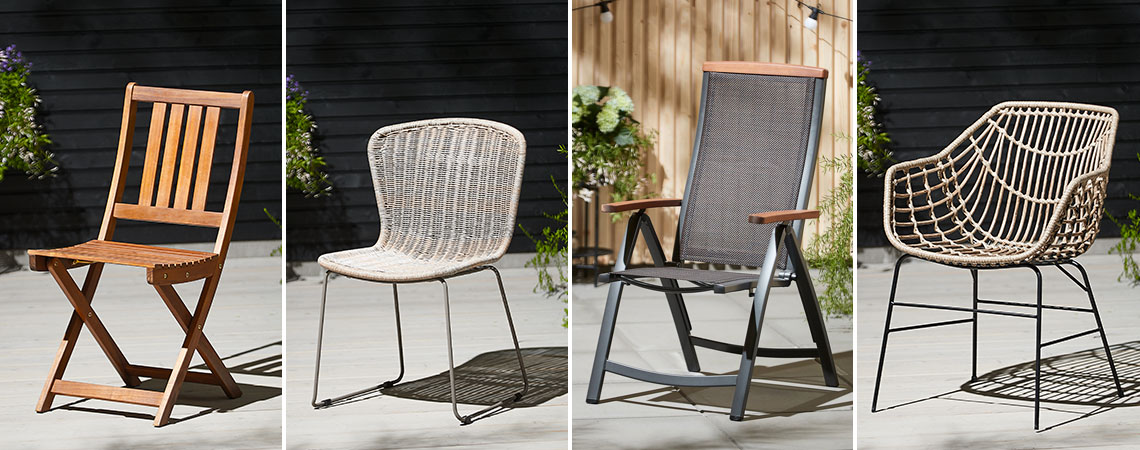 A garden folding chair, a garden stacking chair, a garden recliner chair and a garden chair on a sunny patio