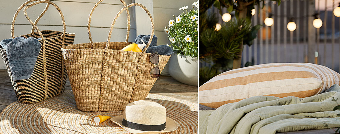 Picnic bags with sunscreen and throw, cushion and string lights