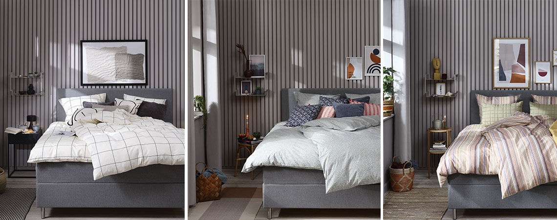 A bedroom styled in three different ways