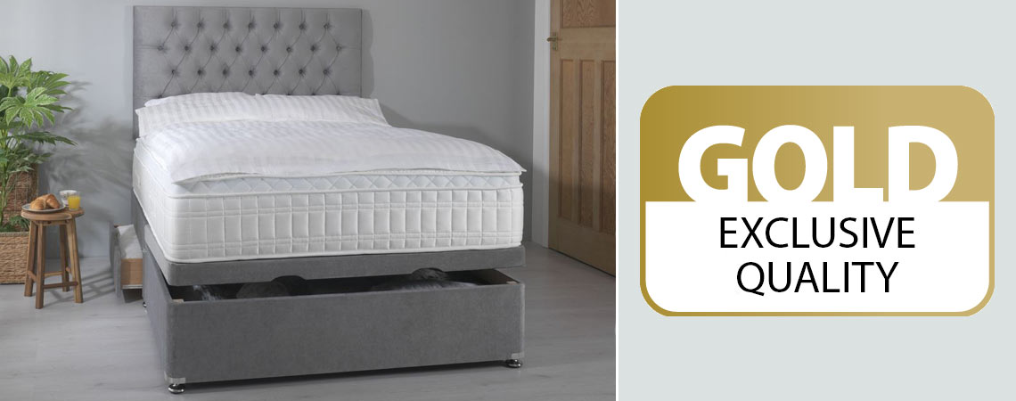 Double bed and headboard with thick mattress and duvet