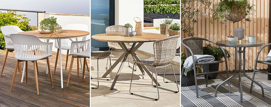Two outdoor dining tables and a pedestal garden table