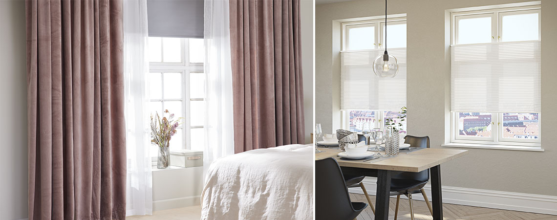 Ready-made curtains in a bedroom and pleated blinds in a dining room