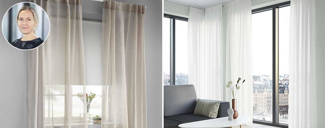 Beige curtains and white blackout roller blinds in a bedroom and off-white curtains in a living and dining room