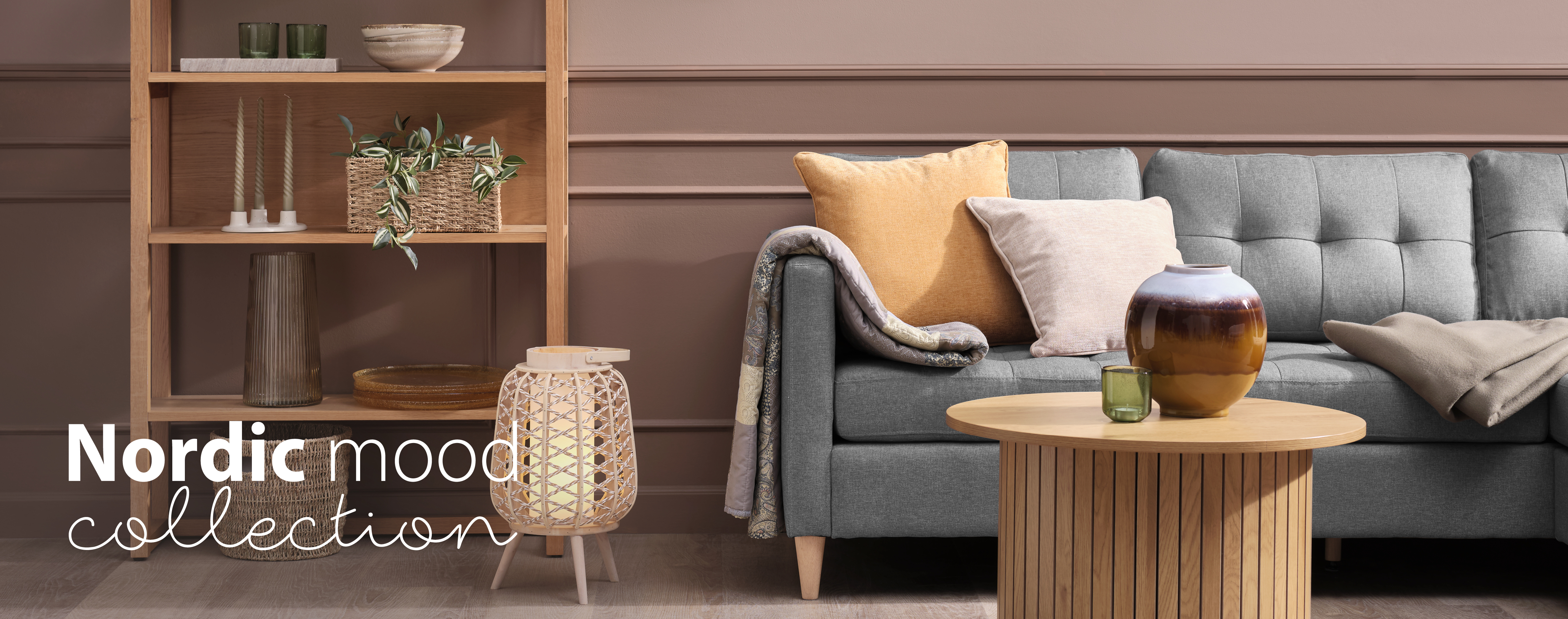 Setting with home furniture in natural materials and warm colours