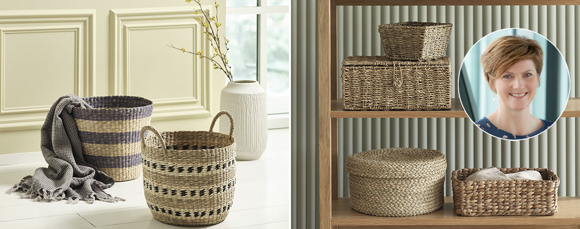 Seagrass baskets on the floor next to a vase and storage boxes in a bookcase 