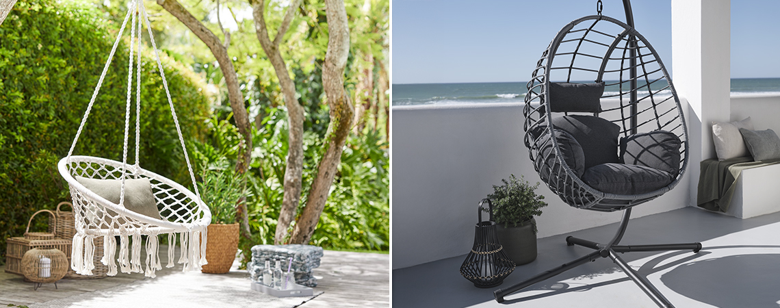 White hanging chair in garden and grey outdoor hanging chair on balcony