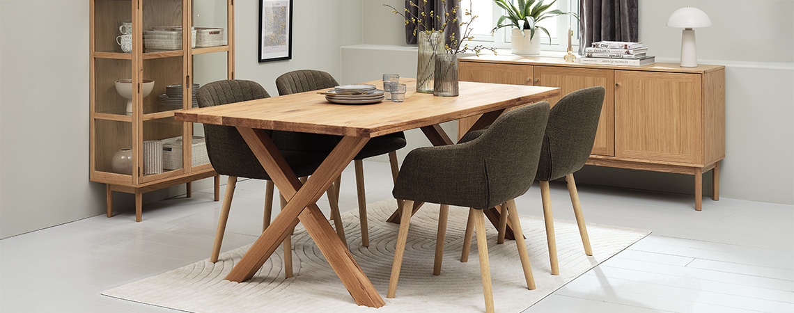 FSC-certified solid wood and wood veneer furniture such as dining table, display cabinet and sideboard in dining room