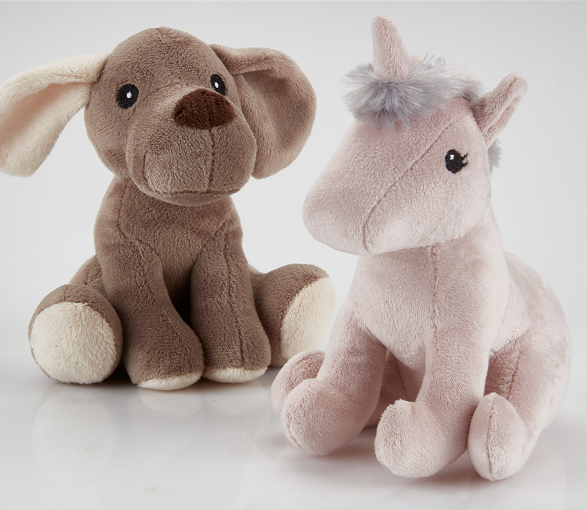 Children's dog and unicorn soft toys