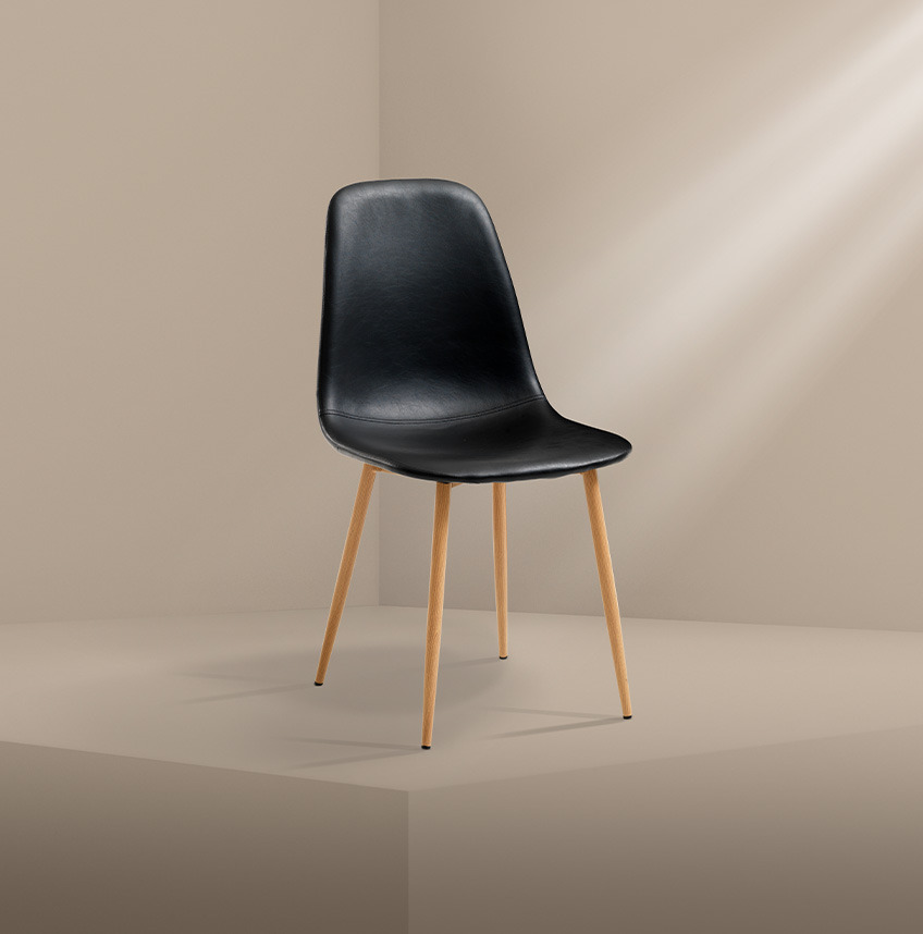JONSTRUP in black faux leather with oak-look steel legs Black dining room chair in faux leather with oak-look steel legs