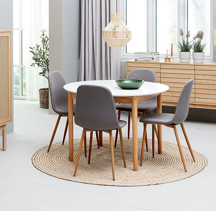 JONSTRUP in grey with oak-look steel legs and MARSTRAND dining table in oak with white top Grey dining room chair with steel legs and round dining table in white and oak