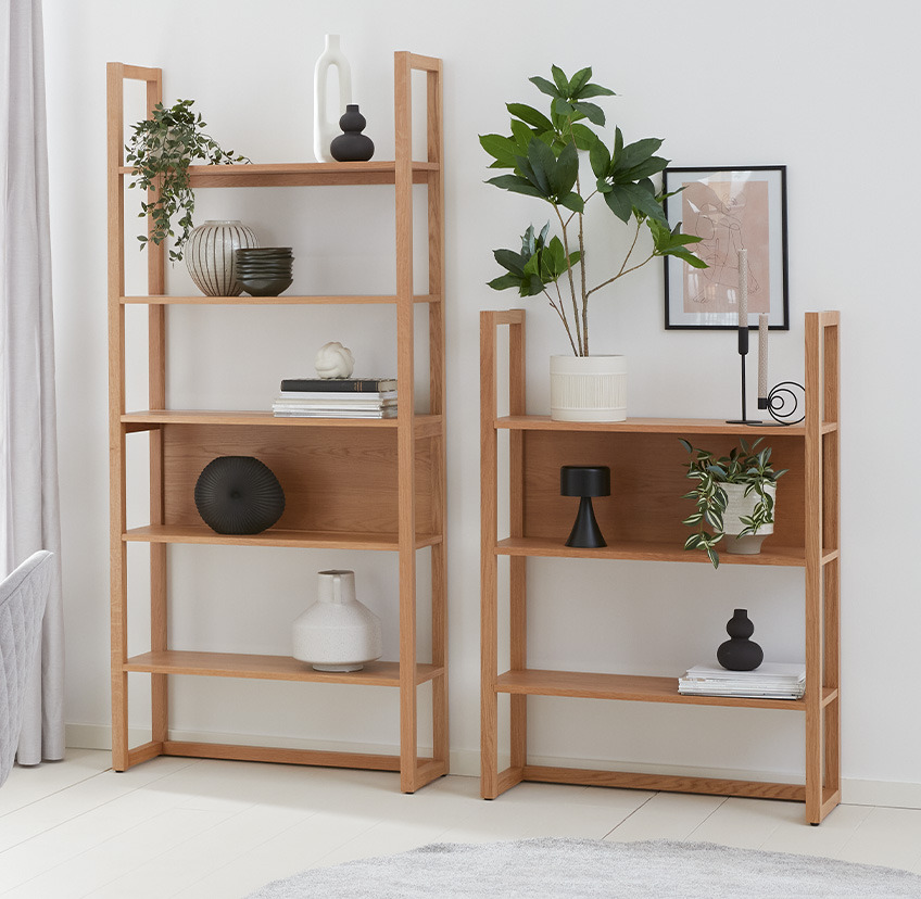 RY bookcases with three and five shelves Two minimalistic oak bookcases with three and five shelves