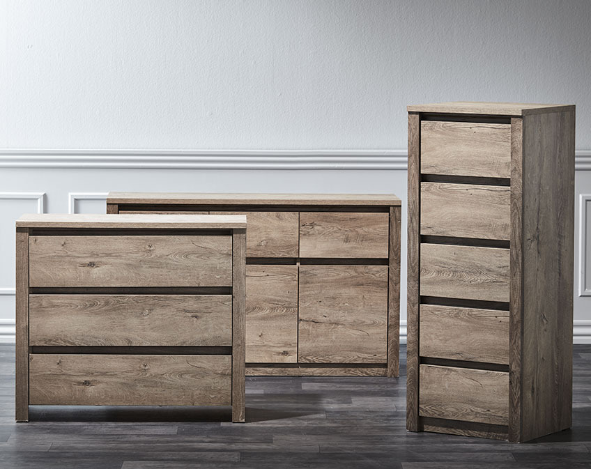 Two wooden chests of drawers and a sideboard