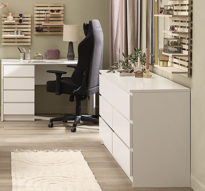LIMFJORDEN chest of drawers, LIMFJORDEN desk and KETTINGE wall shelves Large chest of drawers in office