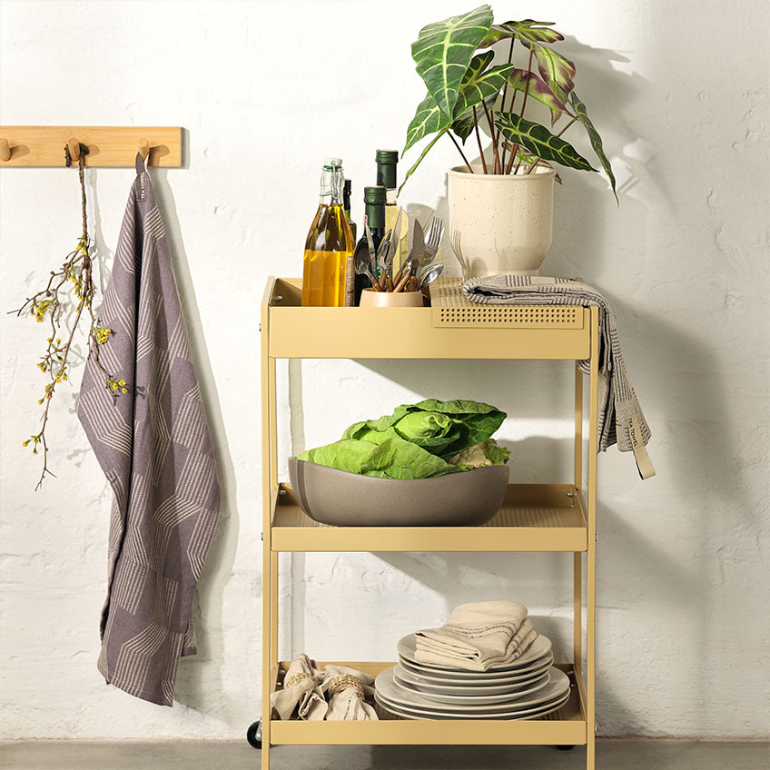 Tableware on trolley in kitchen with large bowl and artificial plant