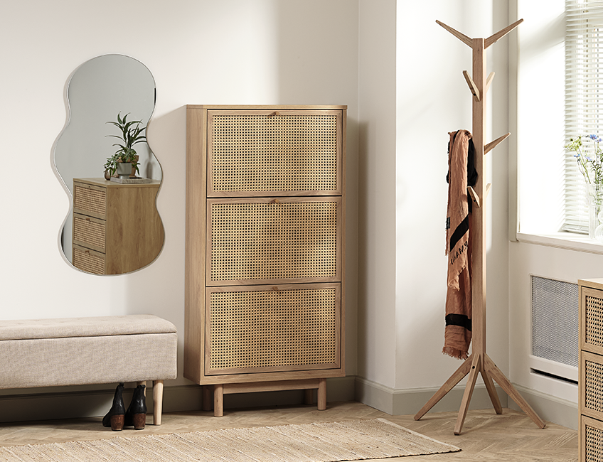 Shoe cabinet made from wood and rattan with three compartments 