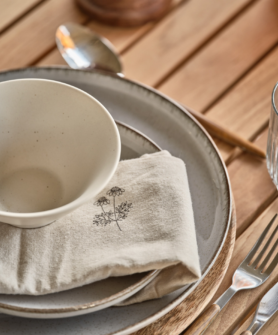 Bowl, plate, and cloth napkin on garden table