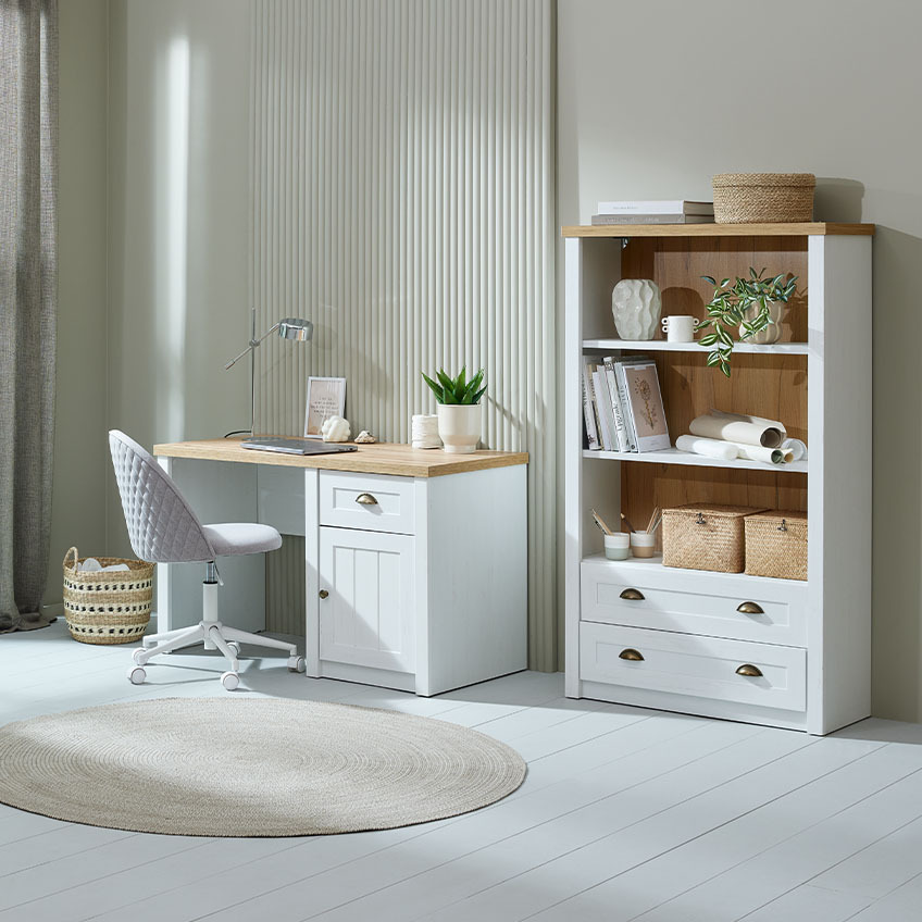 Home office desk with storage cabinet and bookcase with shelves and drawers