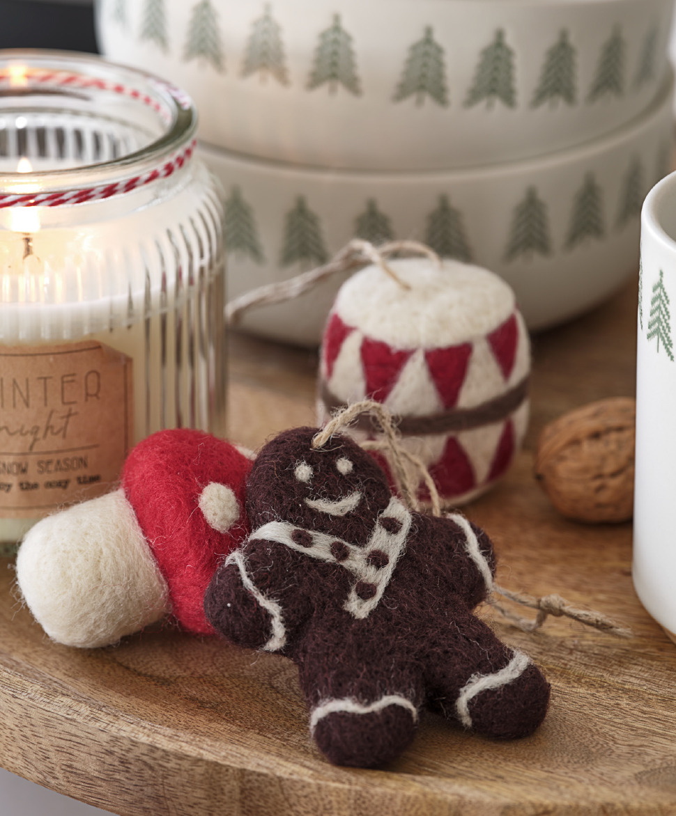 MIMER Christmas decorations 3 wool mushroom, gingerbread man, and drum Christmas decoration