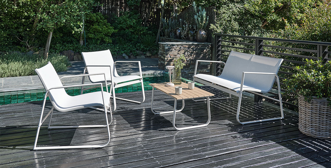 Maintenance-free garden lounge set made with artificial wood, textiline, and steel