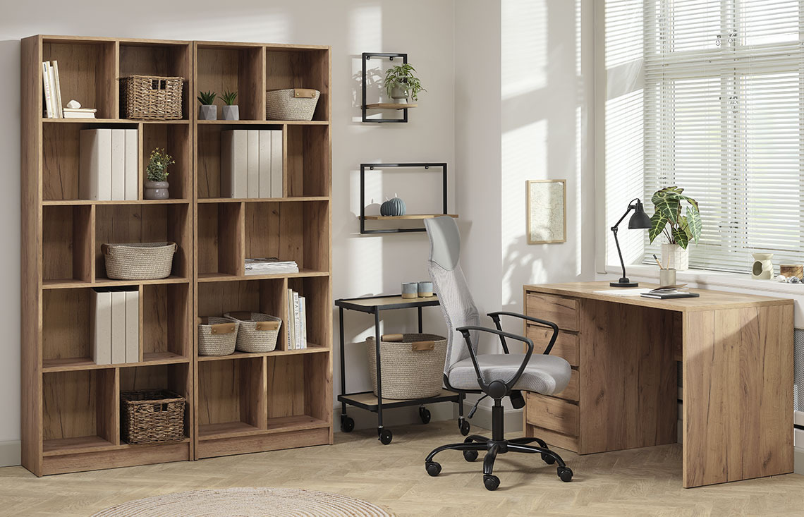BILLUM office chair, MOSBJERG shelving unit and LIMFJORDEN desk Fabric office chair, shelving unit and desk