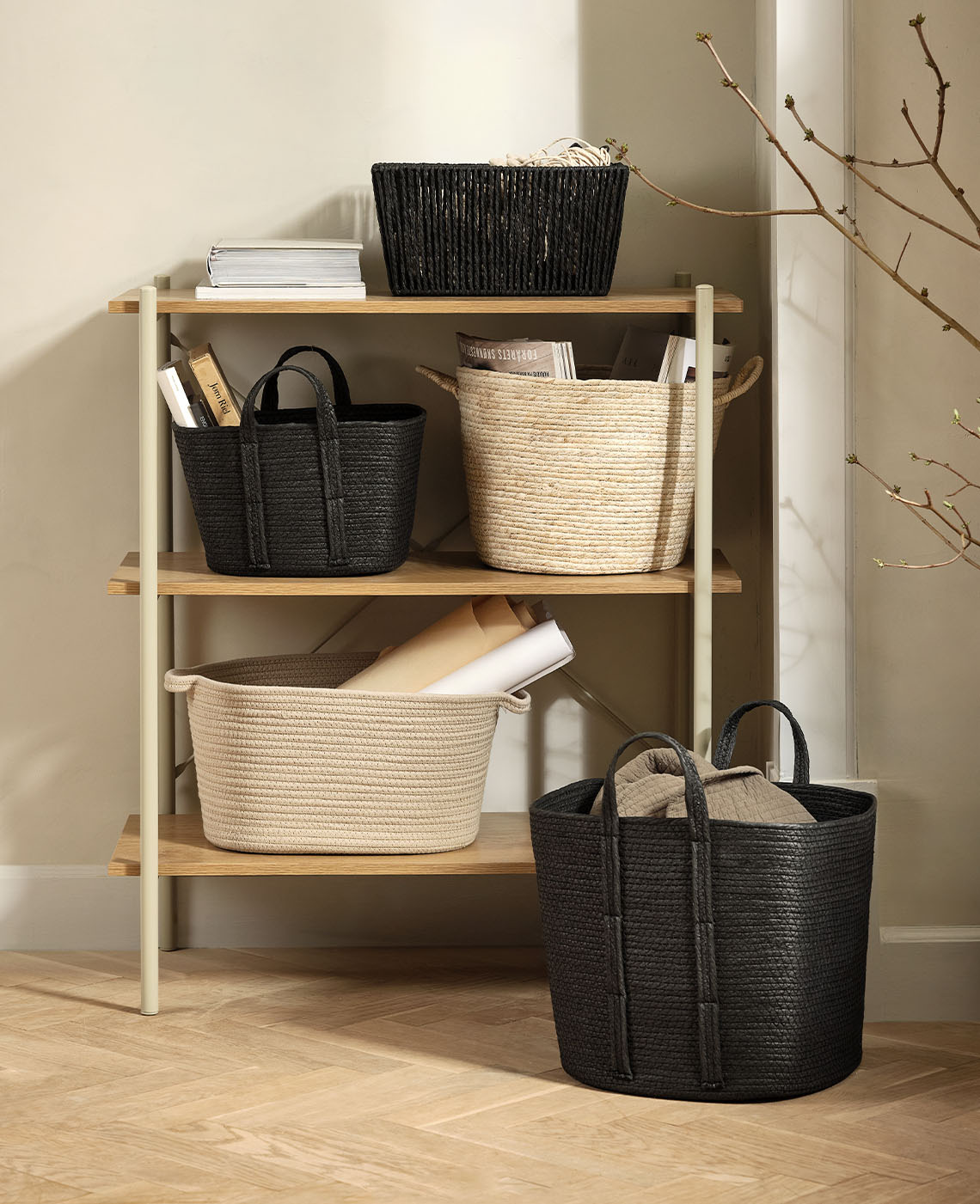 The HJALTI and LABAN baskets are among Tina’s favourites woven baskets and storage baskets in bright beige and black colours
