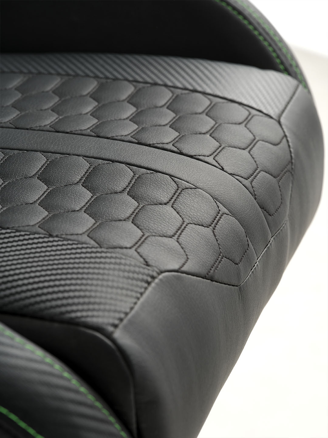 RAZER gaming chair close up of seat with green stiching