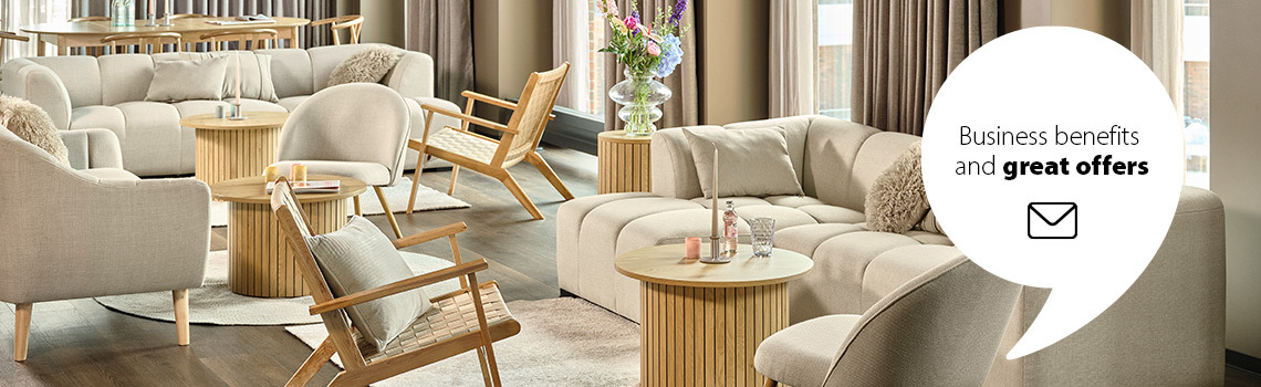 Lobby/lounge area with ALLESE couch, THORUP armchair, and VADEHAVET armchair