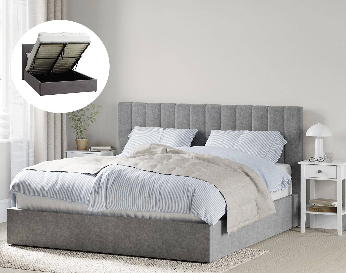 Bed frame with storage in a bedroom 