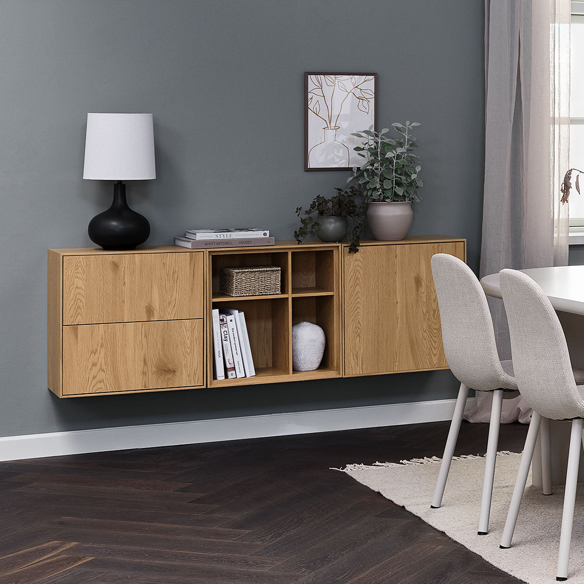 Wall unit modules in three variants; a unit with two drawers, a unit with four compartments and a unit with a single door