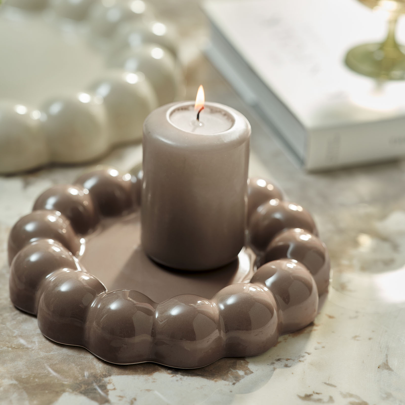 GREGOR decorative tray in brown Lit candle and light chocolate-brown decoration tray with bobble or bubble-like edges