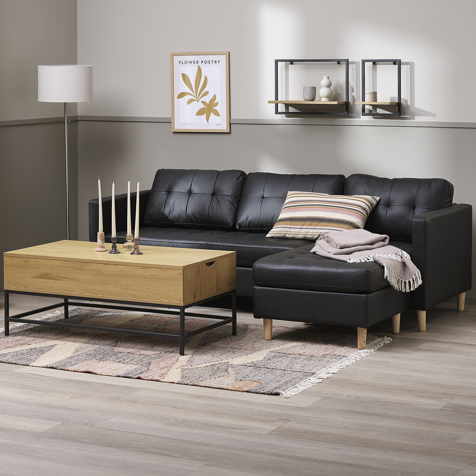 Black sofa with chaise longue