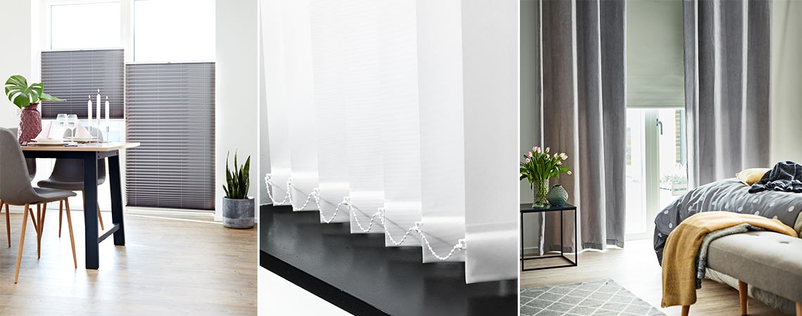 Dark blackout blinds in living room, white vertical blinds and grey long curtains in bedroom