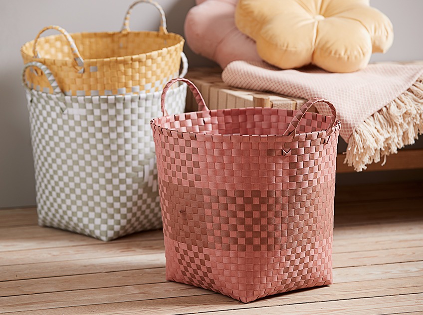 THERMAN polypropylene stoage baskets in Brown, Grey, and Yellow Bright storage baskets in Brown, Grey, and Yellow