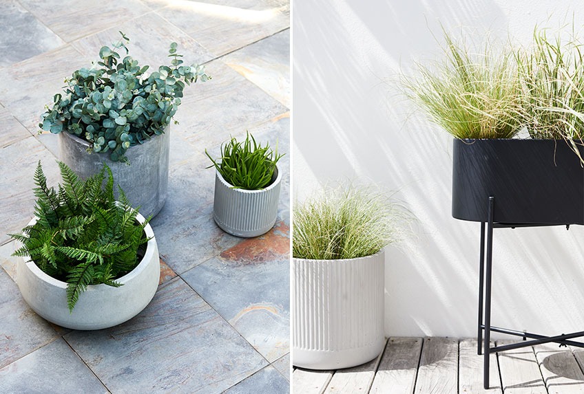 Large UGGLA and FLUGA garden pots and tall SIMMA planter Large garden pots and tall planter on a patio