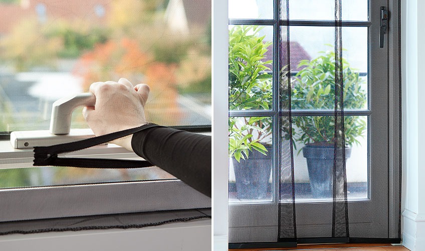 Insect screen that lets you open/close a window and in front of a door 